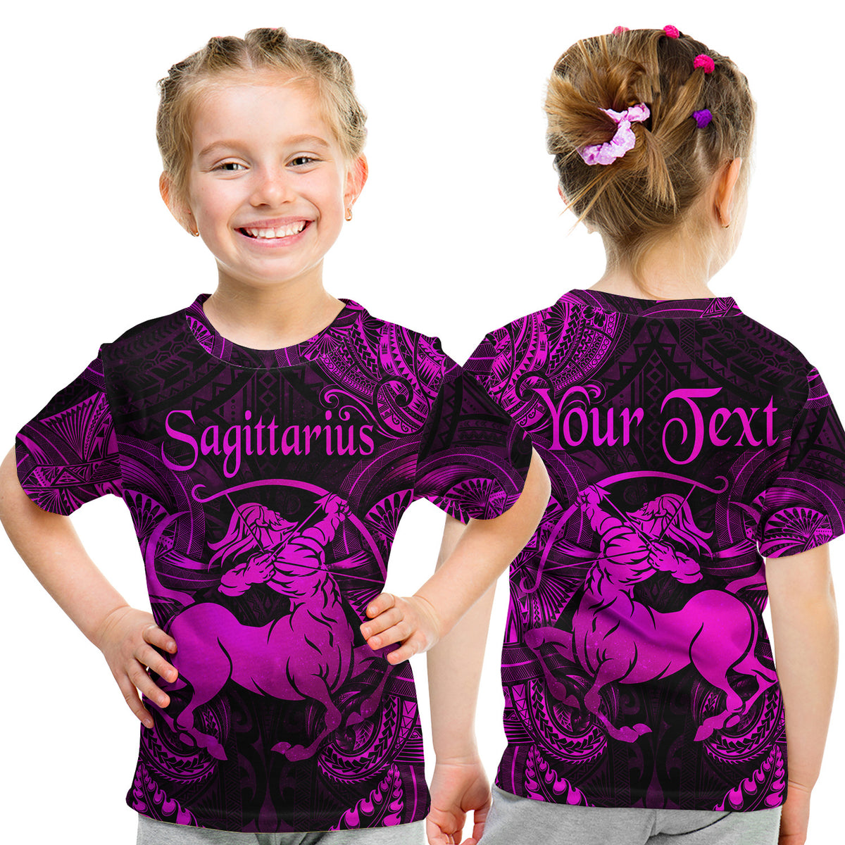 (Custom Personalised) Sagittarius Zodiac Polynesian T Shirt Kid Unique Style - Pink LT8 Youth XL Size14 - Polynesian Pride