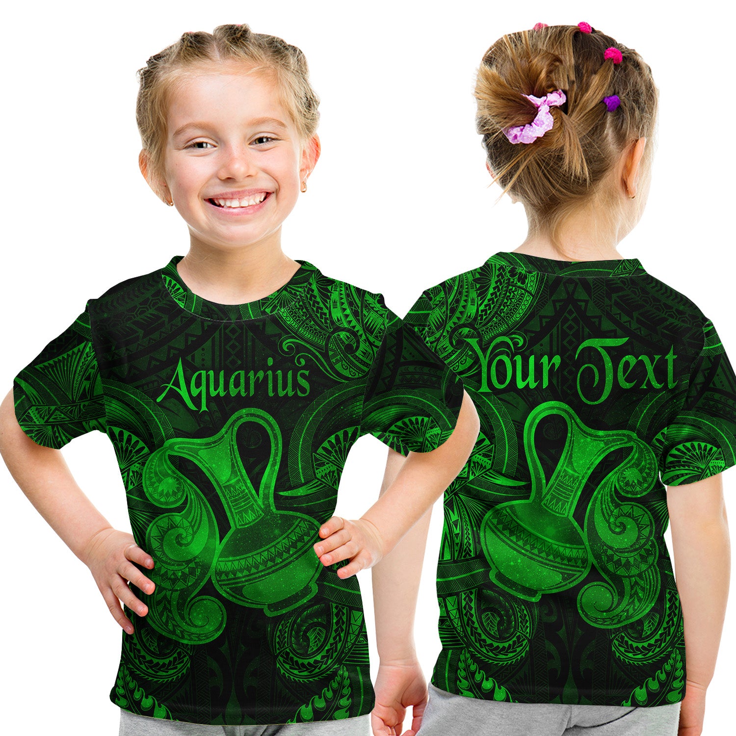 (Custom Personalised) Aquarius Zodiac Polynesian T Shirt Kid Unique Style - Green LT8 - Polynesian Pride