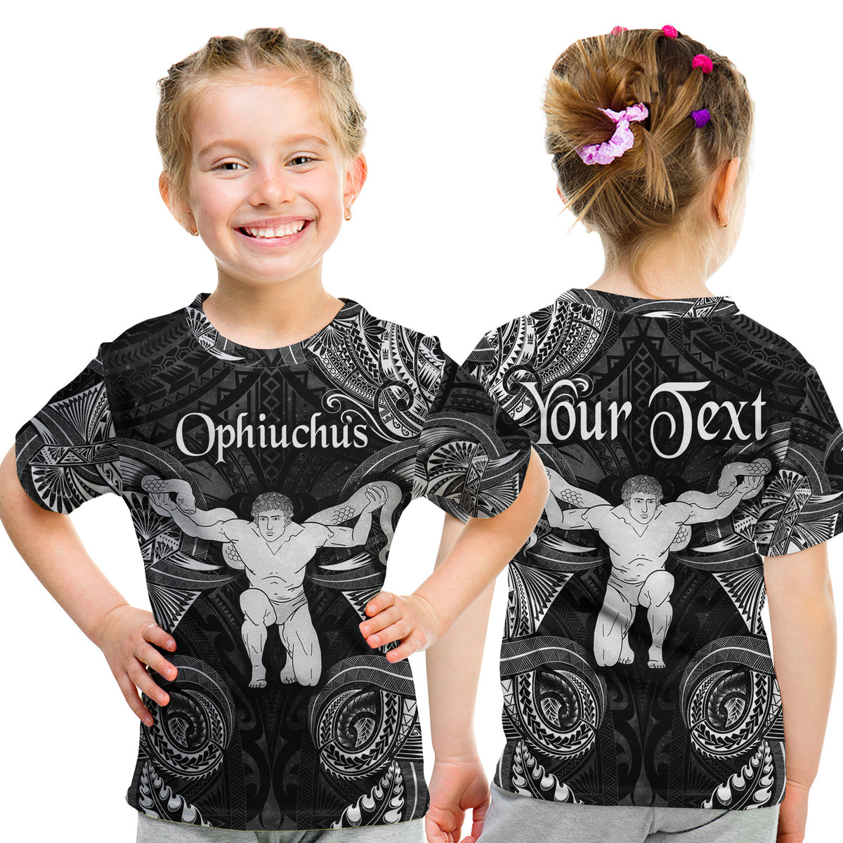 (Custom Personalised) Ophiuchus Zodiac Polynesian T Shirt Kid Unique Style - Black LT8 Youth XL Size14 - Polynesian Pride