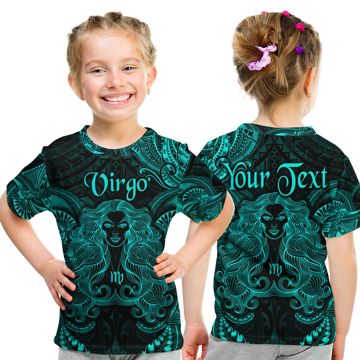 (Custom Personalised) Virgo Zodiac Polynesian T Shirt Kid Unique Style - Turquoise LT8 Youth XL Size14 - Polynesian Pride