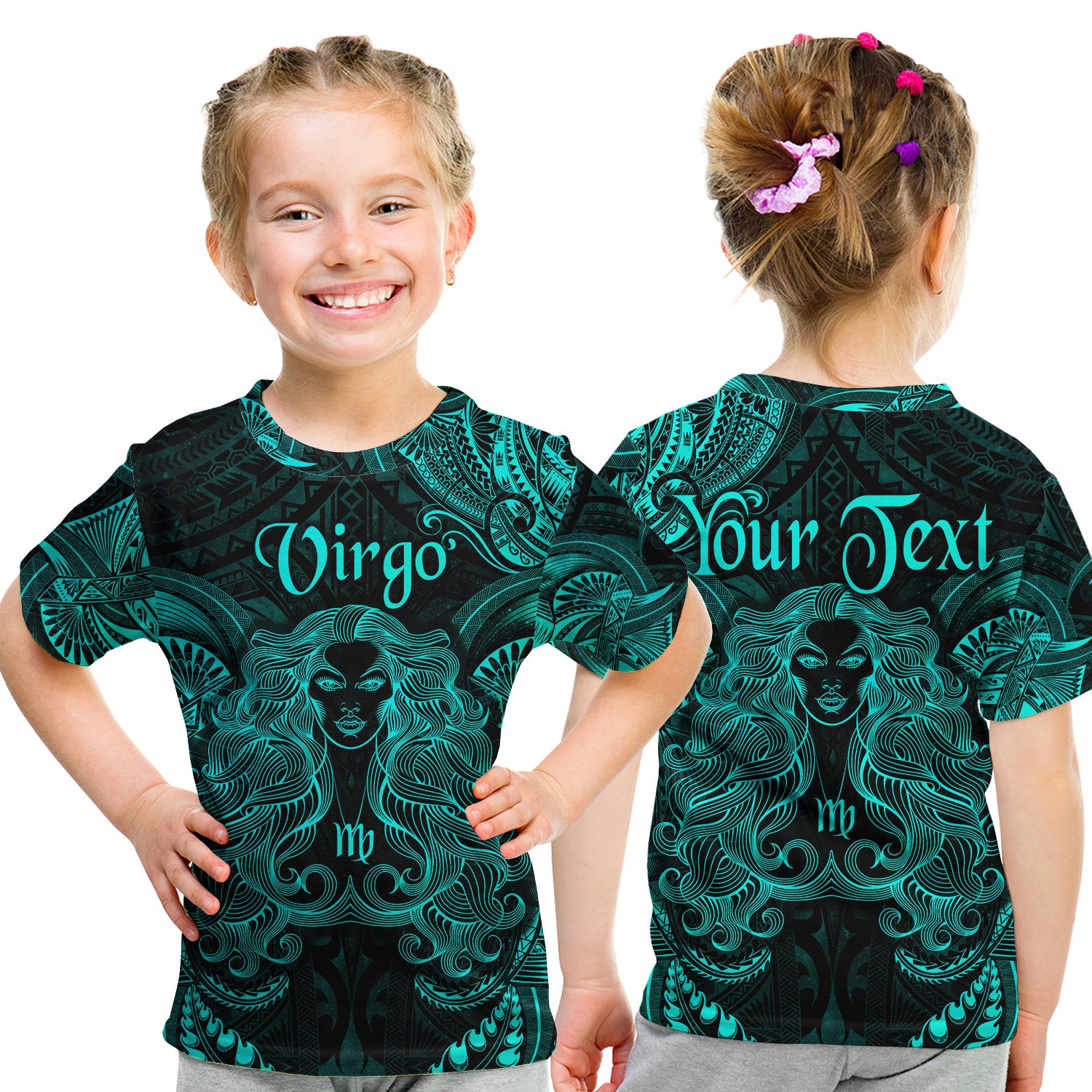 (Custom Personalised) Virgo Zodiac Polynesian T Shirt Kid Unique Style - Turquoise LT8 Youth XL Size14 - Polynesian Pride