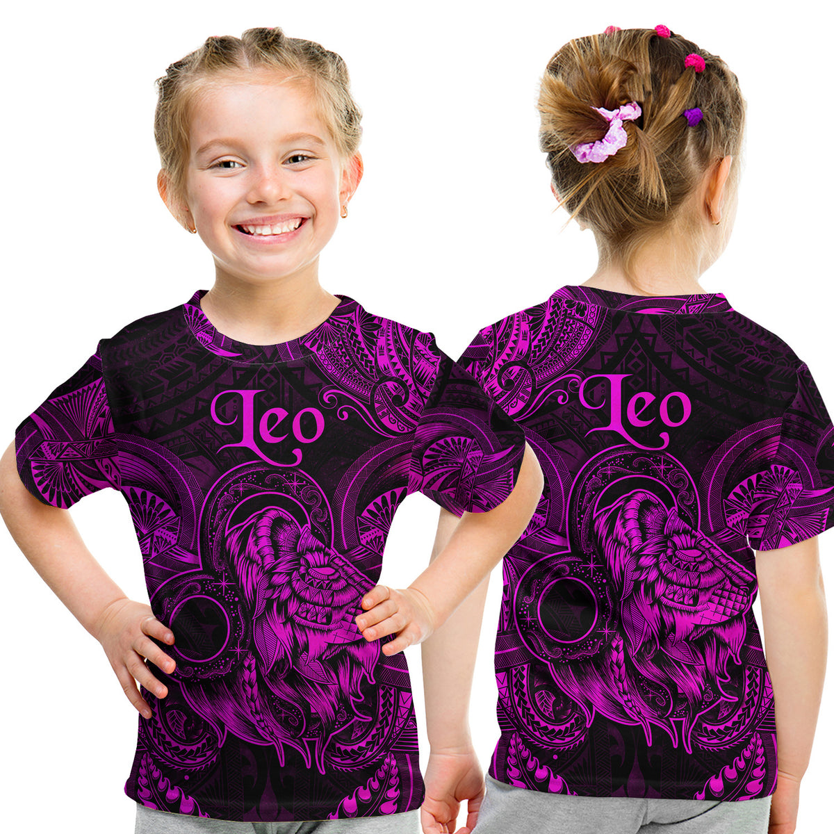 Leo Zodiac Polynesian T Shirt Kid Unique Style - Pink LT8 Youth XL Size14 - Polynesian Pride