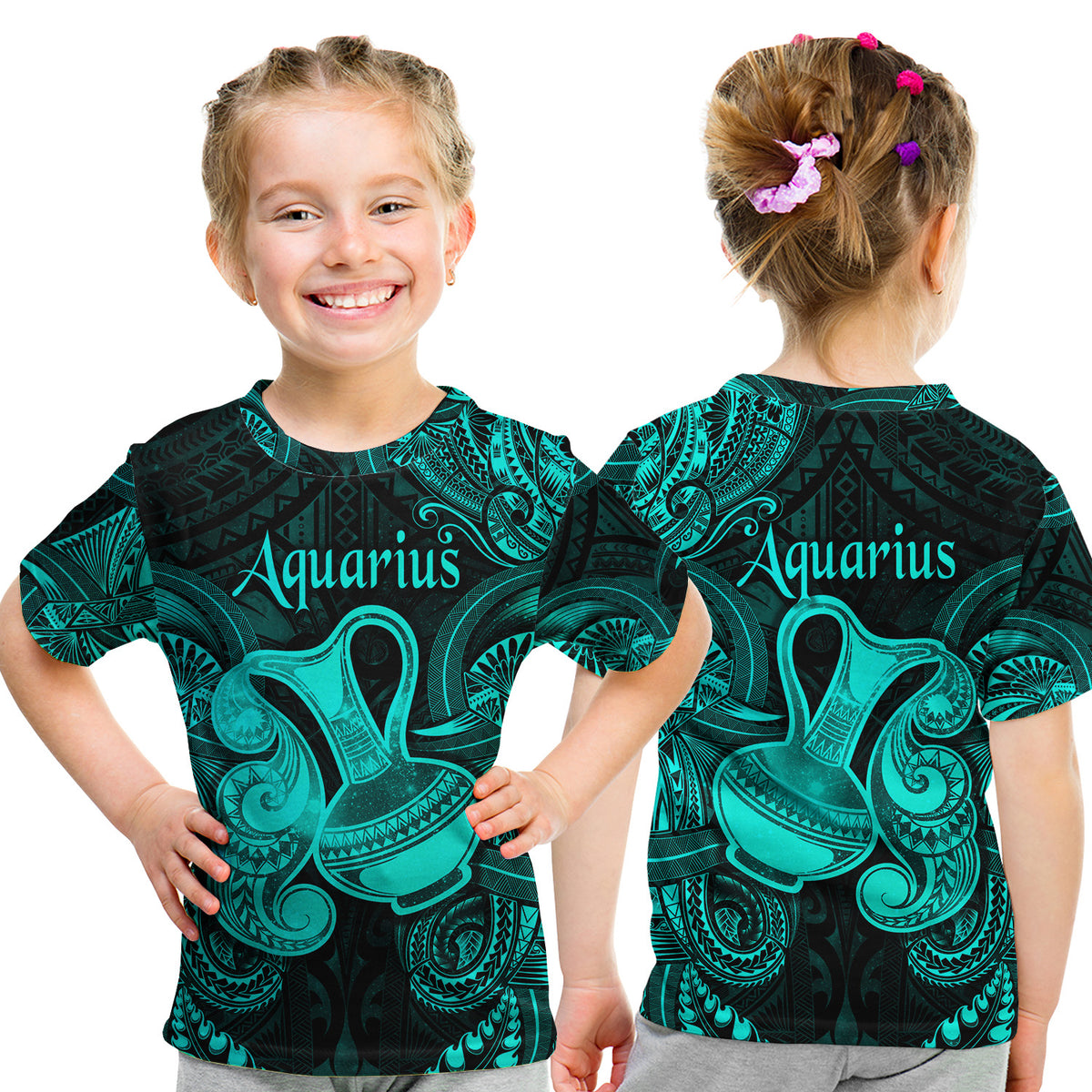 Aquarius Zodiac Polynesian T Shirt Kid Unique Style - Turquoise LT8 Youth XL Size14 - Polynesian Pride