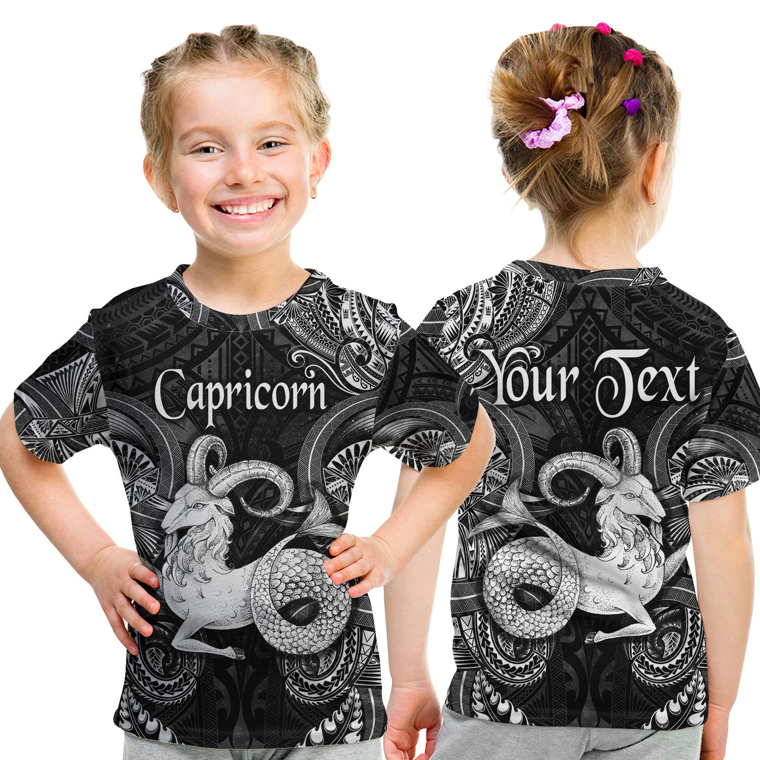 (Custom Personalised) Capricorn Zodiac Polynesian T Shirt Kid Unique Style - Black LT8 - Polynesian Pride