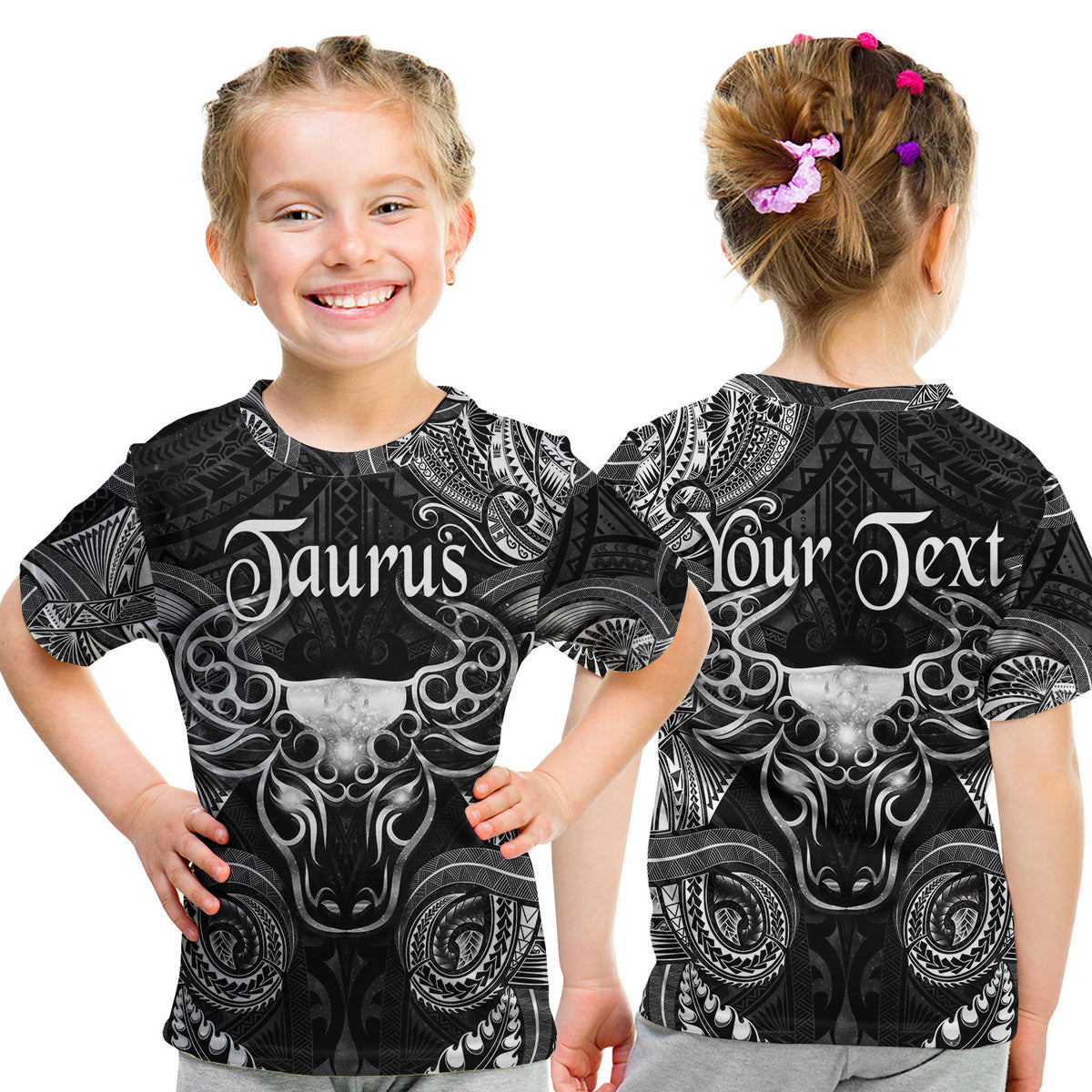 (Custom Personalised) Taurus Zodiac Polynesian T Shirt Kid Unique Style - Black LT8 Youth XL Size14 - Polynesian Pride