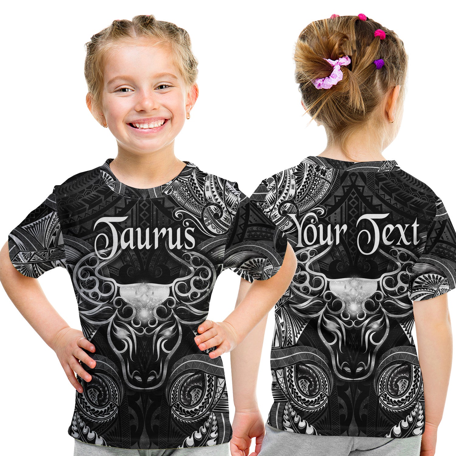 (Custom Personalised) Taurus Zodiac Polynesian T Shirt Kid Unique Style - Black LT8 Youth XL Size14 - Polynesian Pride