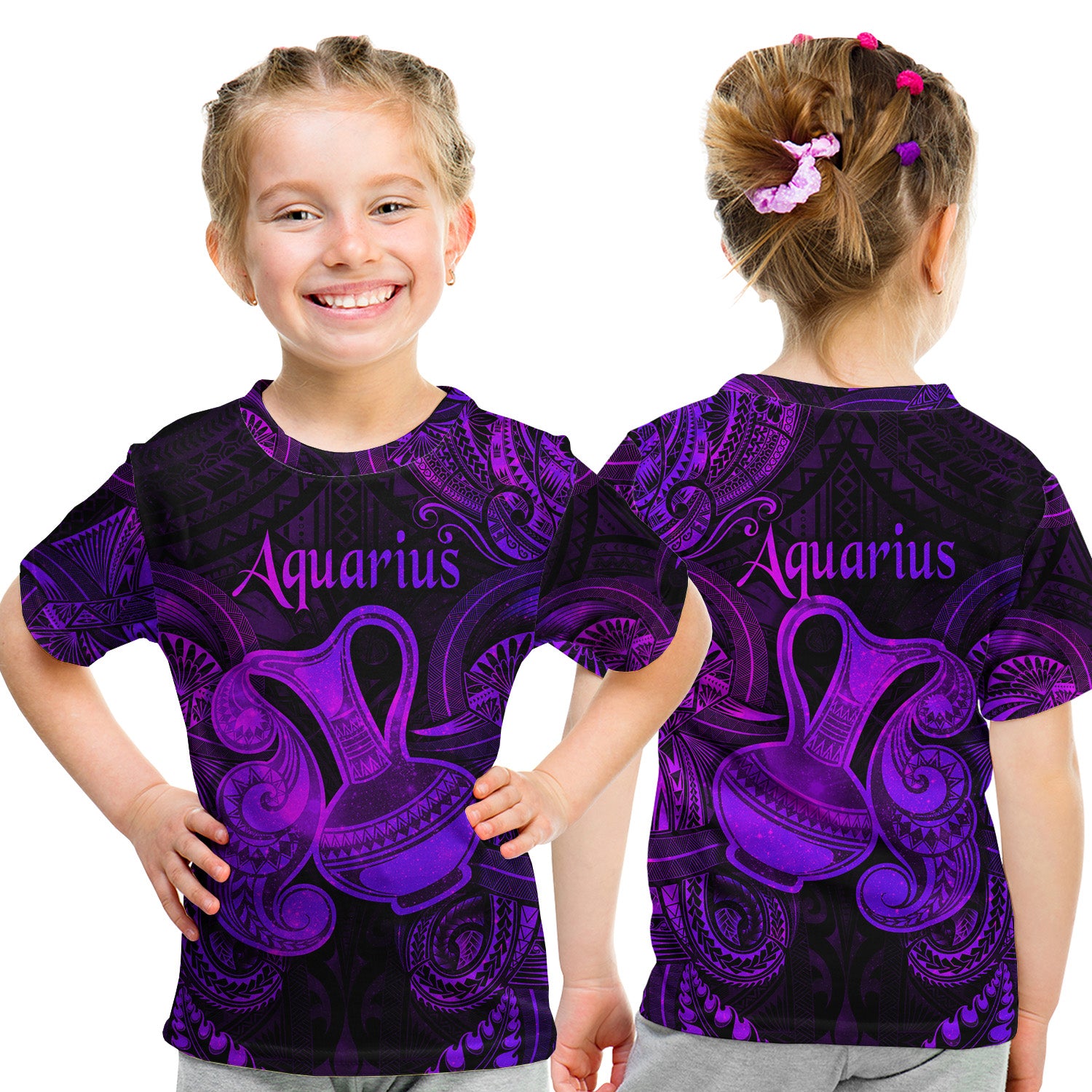 Aquarius Zodiac Polynesian T Shirt Kid Unique Style - Purple LT8 Youth XL Size14 - Polynesian Pride
