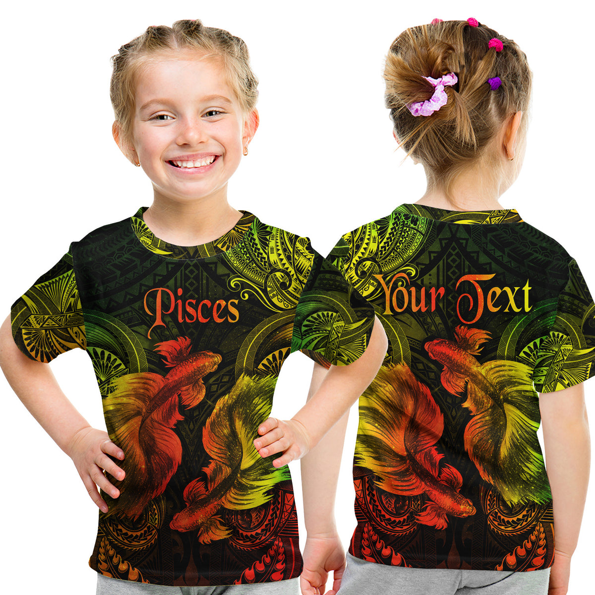 (Custom Personalised) Pisces Zodiac Polynesian T Shirt Kid Unique Style - Reggae LT8 Youth XL Size14 - Polynesian Pride