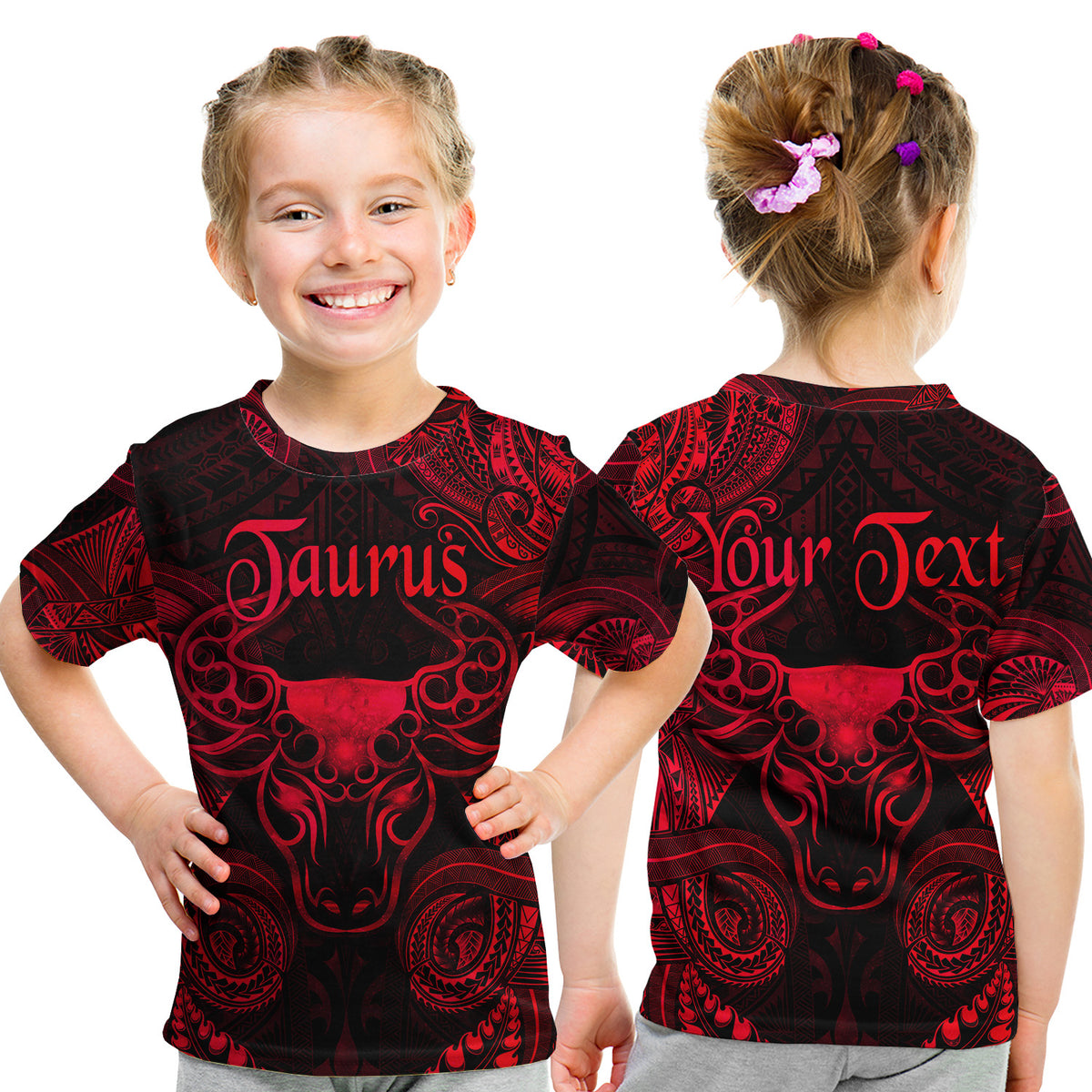 (Custom Personalised) Taurus Zodiac Polynesian T Shirt Kid Unique Style - Red LT8 Youth XL Size14 - Polynesian Pride