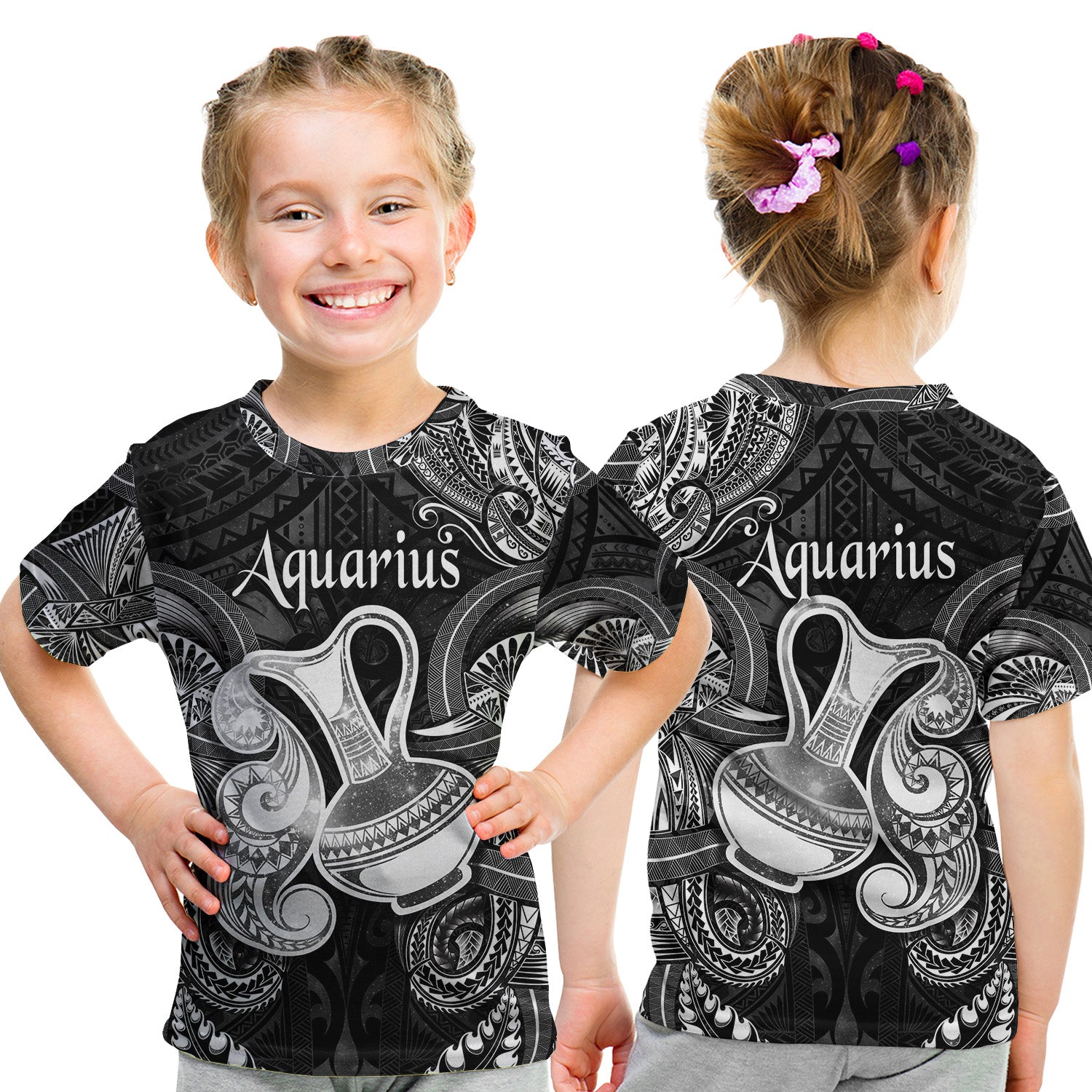 Aquarius Zodiac Polynesian T Shirt Kid Unique Style - Black LT8 Youth XL Size14 - Polynesian Pride