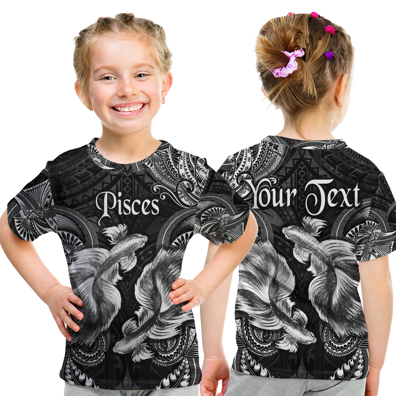 (Custom Personalised) Pisces Zodiac Polynesian T Shirt Kid Unique Style - Black LT8 Youth XL Size14 - Polynesian Pride