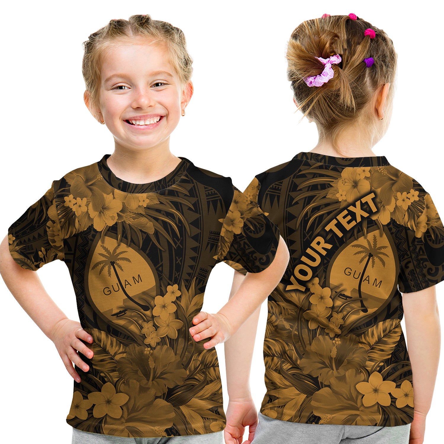 (Custom Personalised) Guam Polynesian T Shirt KID Tropical Flowers - Tan LT8 - Polynesian Pride