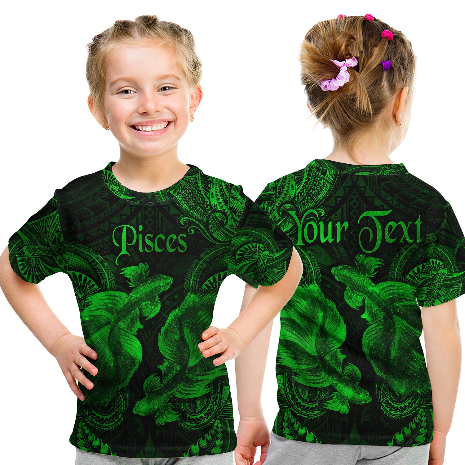 (Custom Personalised) Pisces Zodiac Polynesian T Shirt Kid Unique Style - Green LT8 Youth XL Size14 - Polynesian Pride
