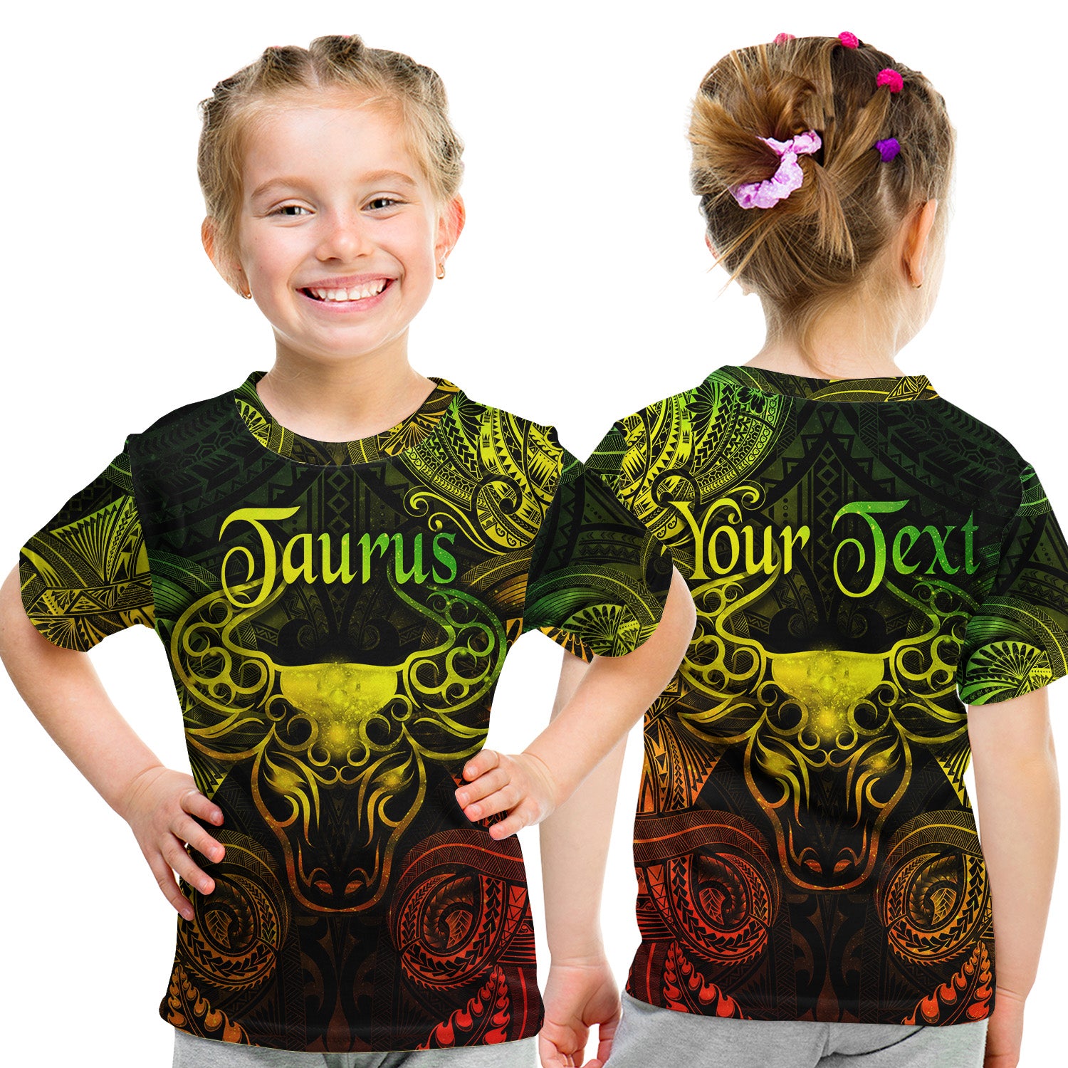 (Custom Personalised) Taurus Zodiac Polynesian T Shirt Kid Unique Style - Reggae LT8 Youth XL Size14 - Polynesian Pride