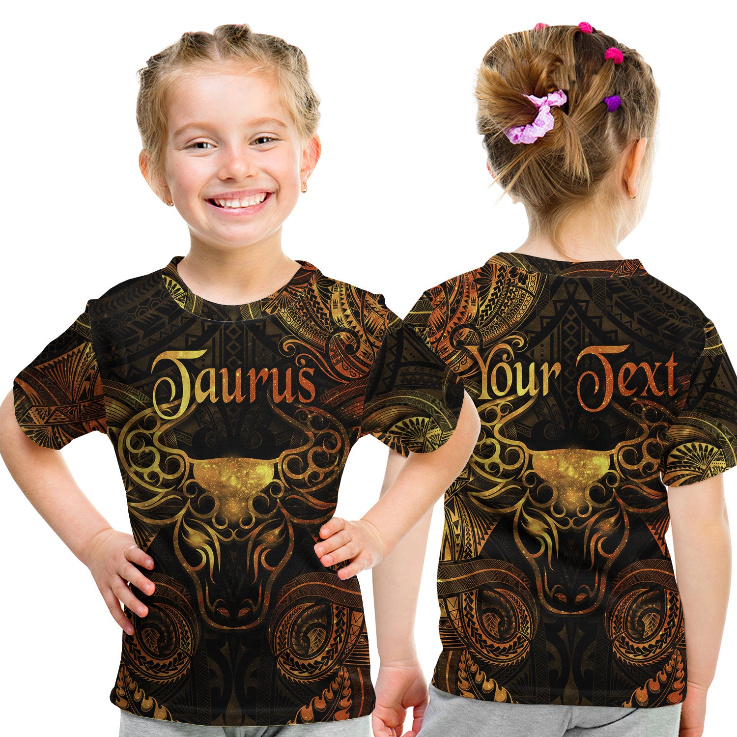 (Custom Personalised) Taurus Zodiac Polynesian T Shirt Kid Unique Style - Gold LT8 Youth XL Size14 - Polynesian Pride