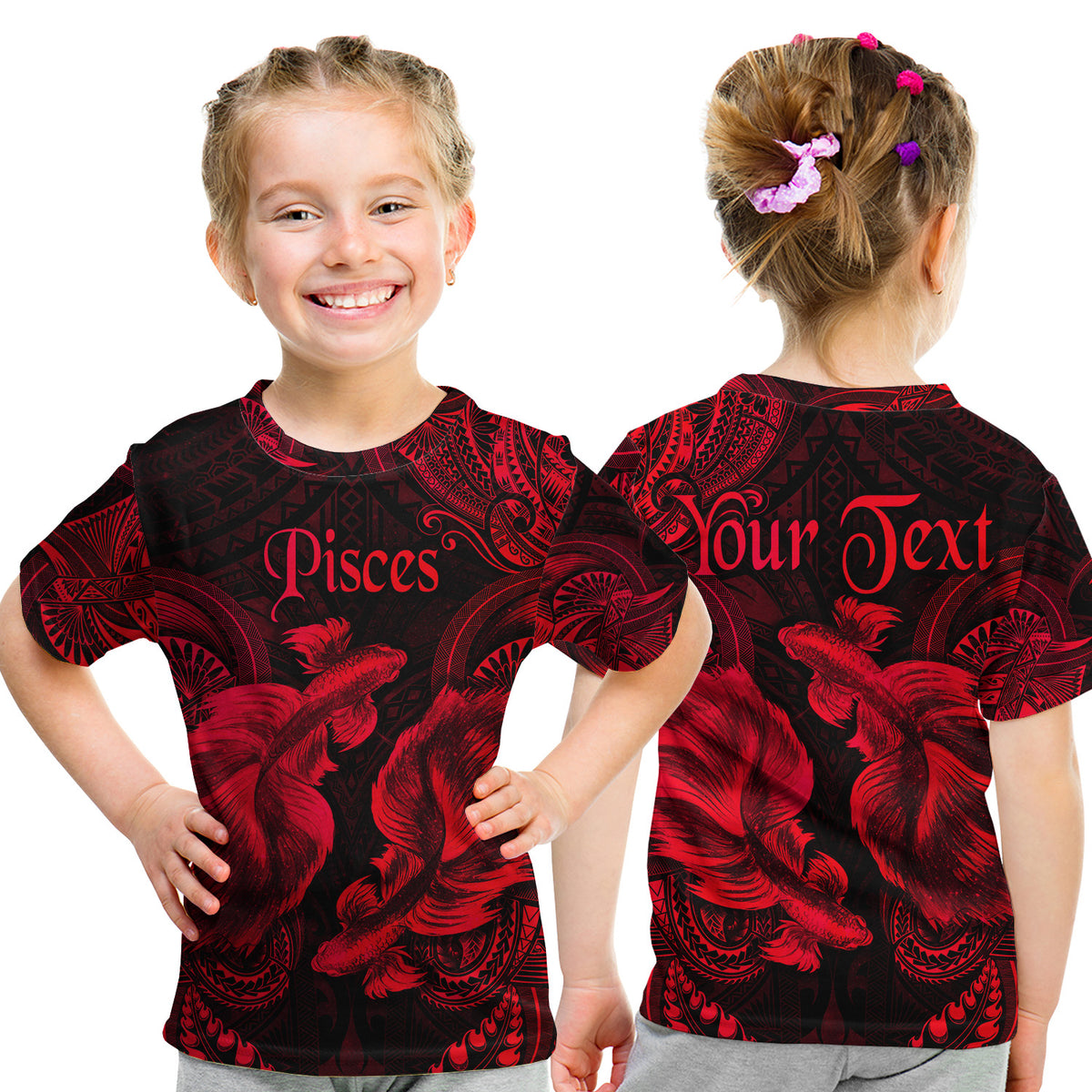(Custom Personalised) Pisces Zodiac Polynesian T Shirt Kid Unique Style - Red LT8 Youth XL Size14 - Polynesian Pride