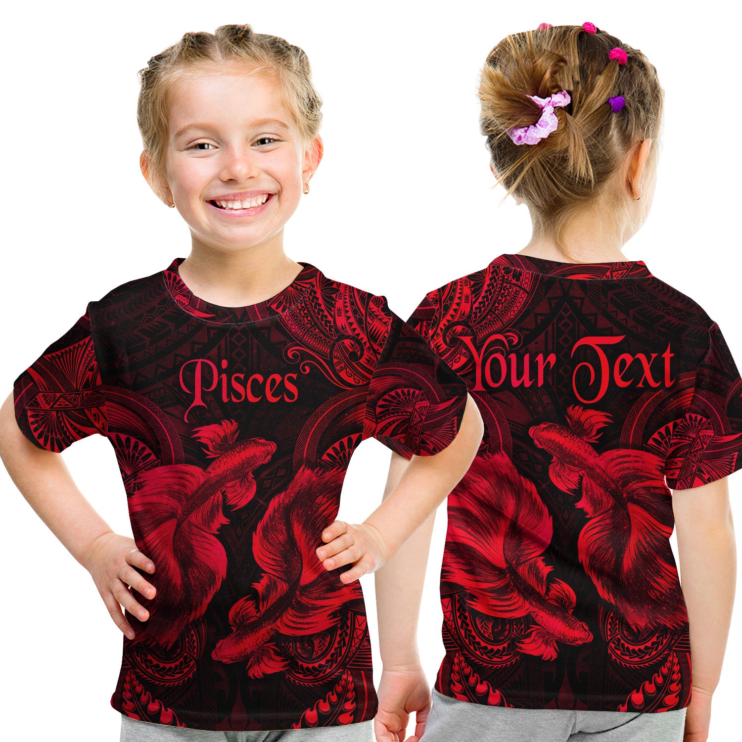 (Custom Personalised) Pisces Zodiac Polynesian T Shirt Kid Unique Style - Red LT8 Youth XL Size14 - Polynesian Pride
