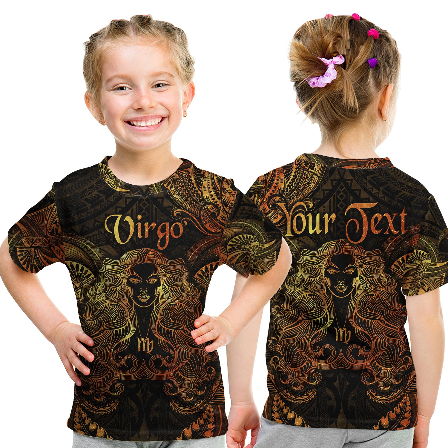 (Custom Personalised) Virgo Zodiac Polynesian T Shirt Kid Unique Style - Gold LT8 Youth XL Size14 - Polynesian Pride
