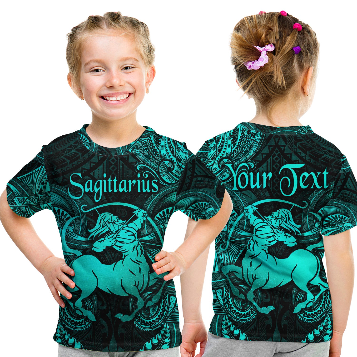 (Custom Personalised) Sagittarius Zodiac Polynesian T Shirt Kid Unique Style - Turquoise LT8 - Polynesian Pride