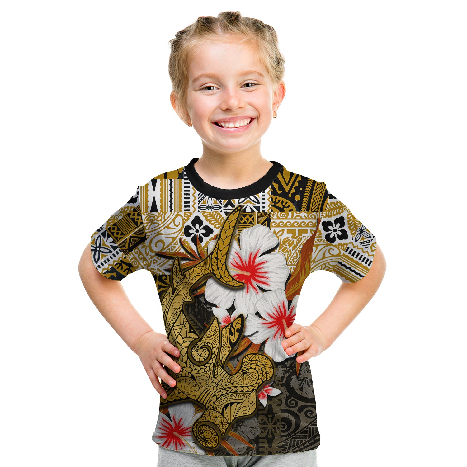 (Custom Personalised) Hammerhead Shark T Shirt Kid Hawaii Style Gold LT6 - Polynesian Pride