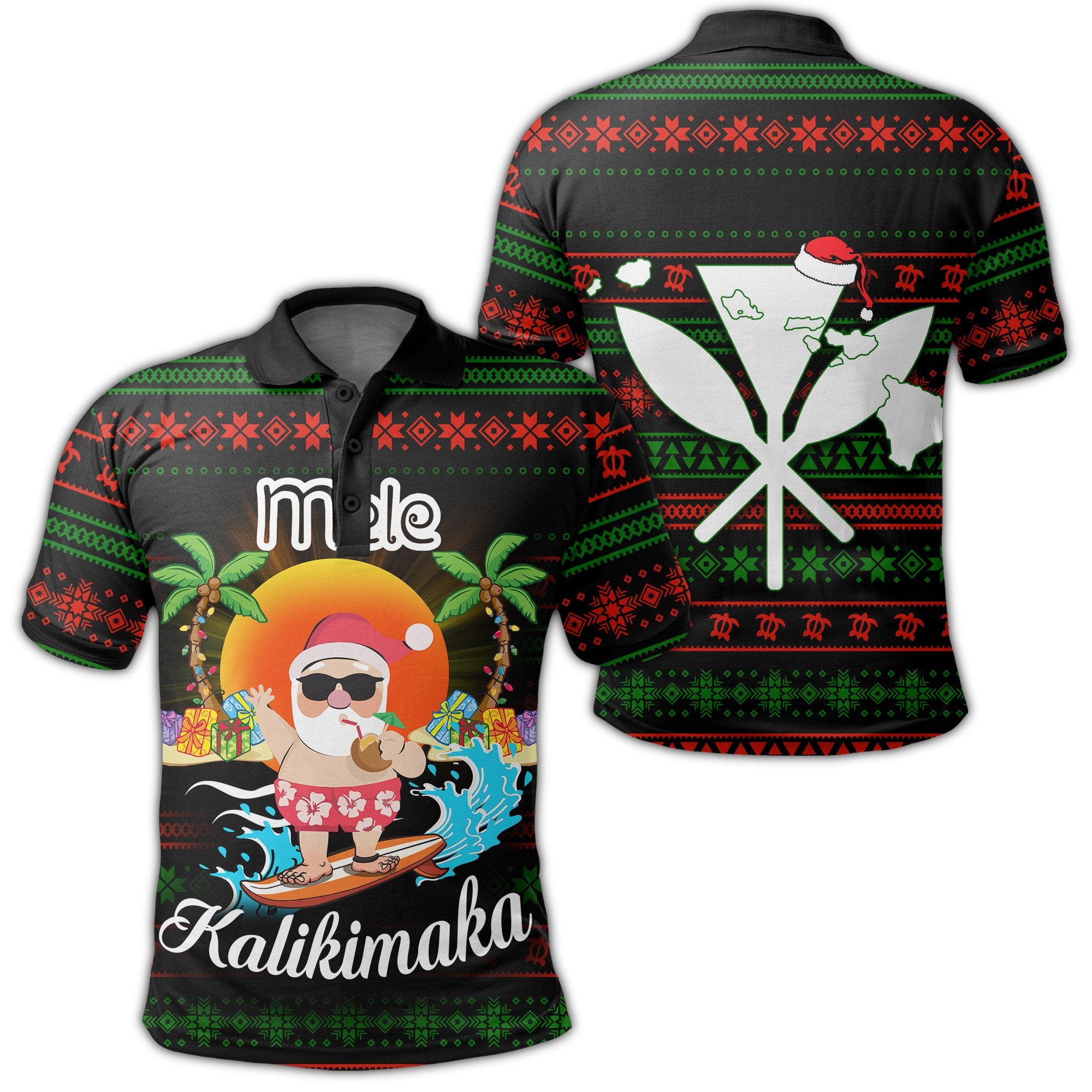 Hawaii Santa Claus Surf Christmas Pattern Polo Shirt Tan Style Unisex Black - Polynesian Pride