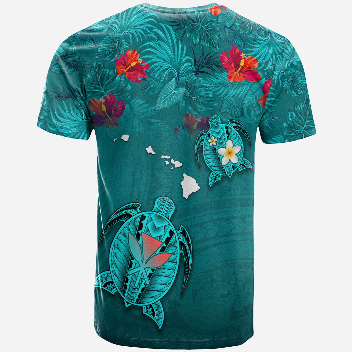 Hawaiian Islands T Shirt Hawaii Tropical Flowers and Turtles Turquoise LT13 - Polynesian Pride