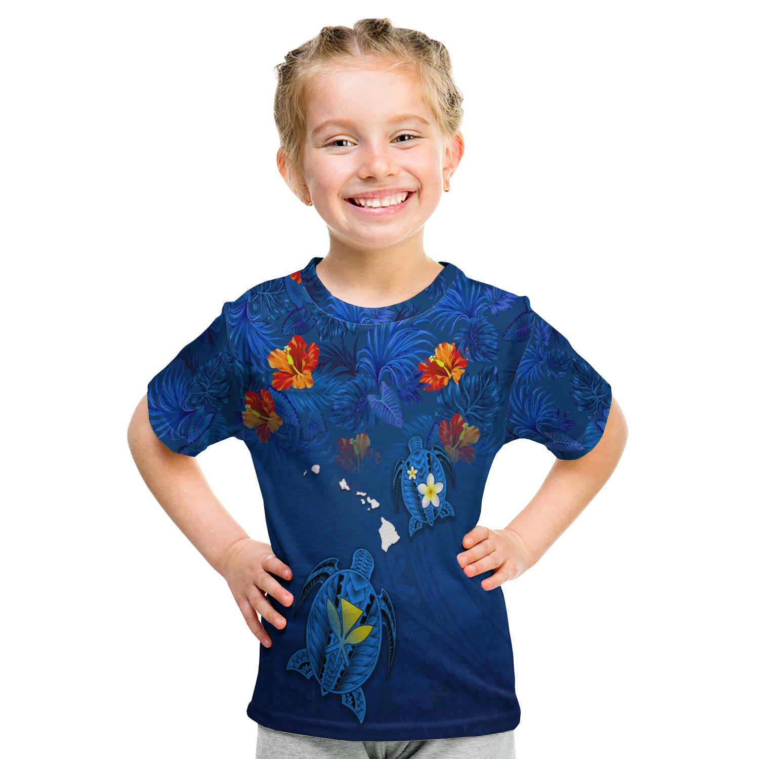 Hawaiian Islands T Shirt Kid - Hawaii Tropical Flowers And Turtles Blue LT13 Youth XL Size14 - Polynesian Pride