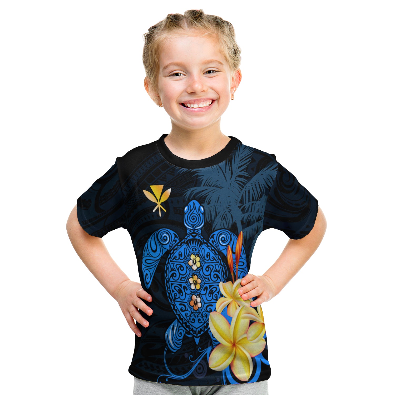 Hawaii Turtle T Shirt Kid Hawaiian Flowers Version Blue Elegant LT13 Youth XL Size14 - Polynesian Pride