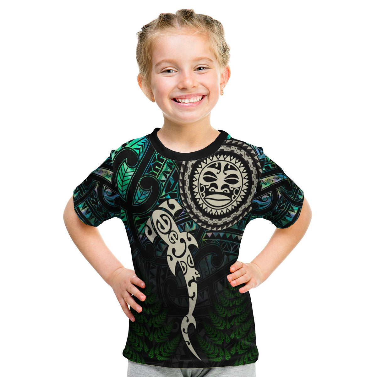 Aotearoa Paua Shell T Shirt Kid Maori Manaia And Fish LT13 Youth XL Size14 - Polynesian Pride