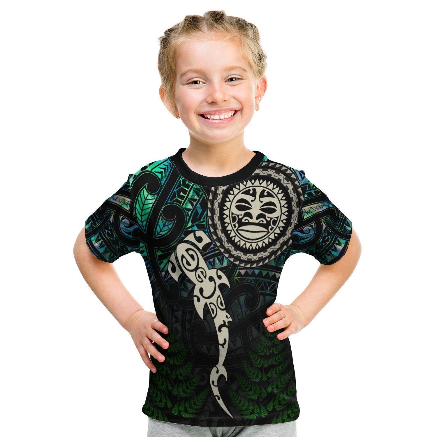 Aotearoa Paua Shell T Shirt Kid Maori Manaia And Fish LT13 Youth XL Size14 - Polynesian Pride