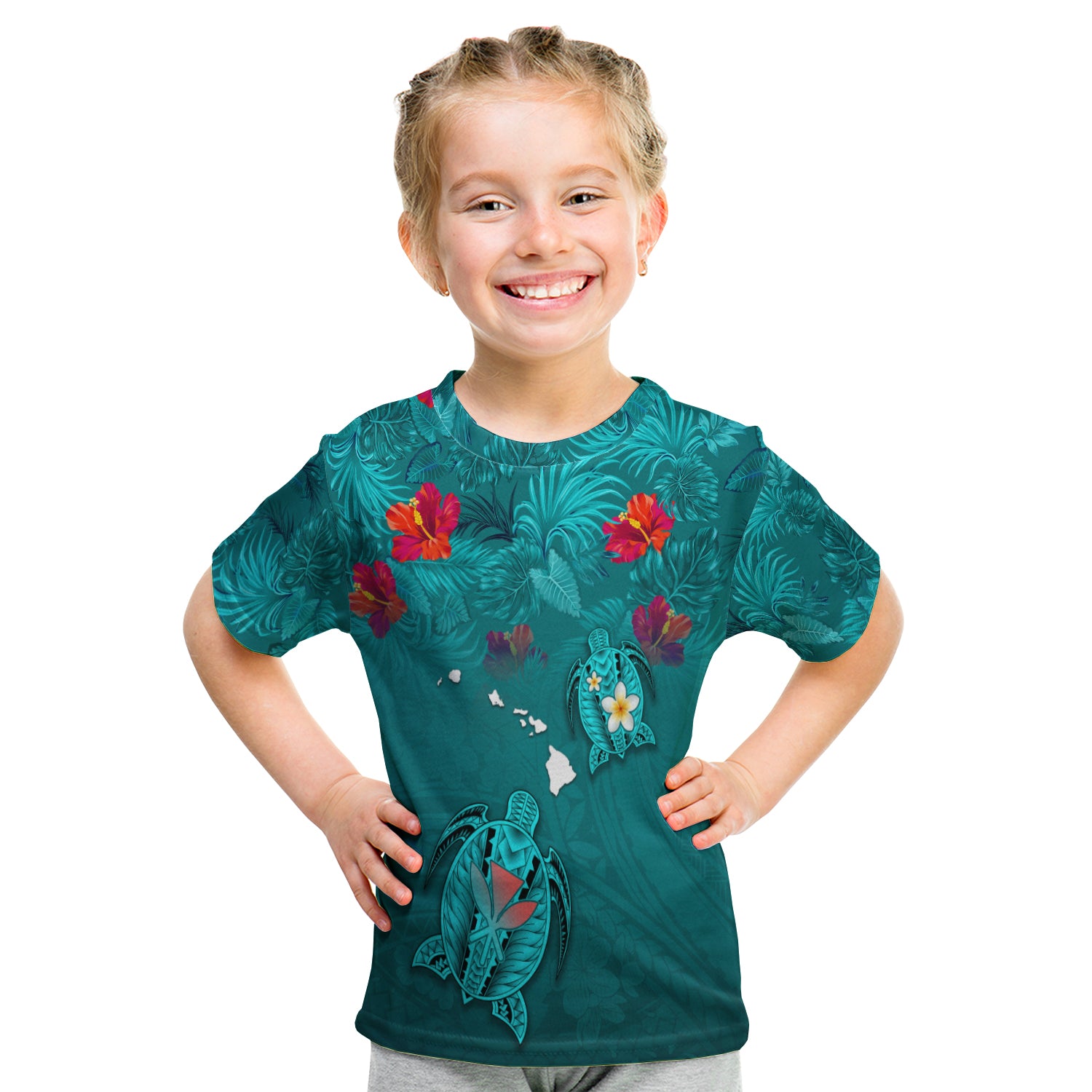 Hawaiian Islands T Shirt Kid - Hawaii Tropical Flowers And Turtles Turquoise LT13 Youth XL Size14 - Polynesian Pride