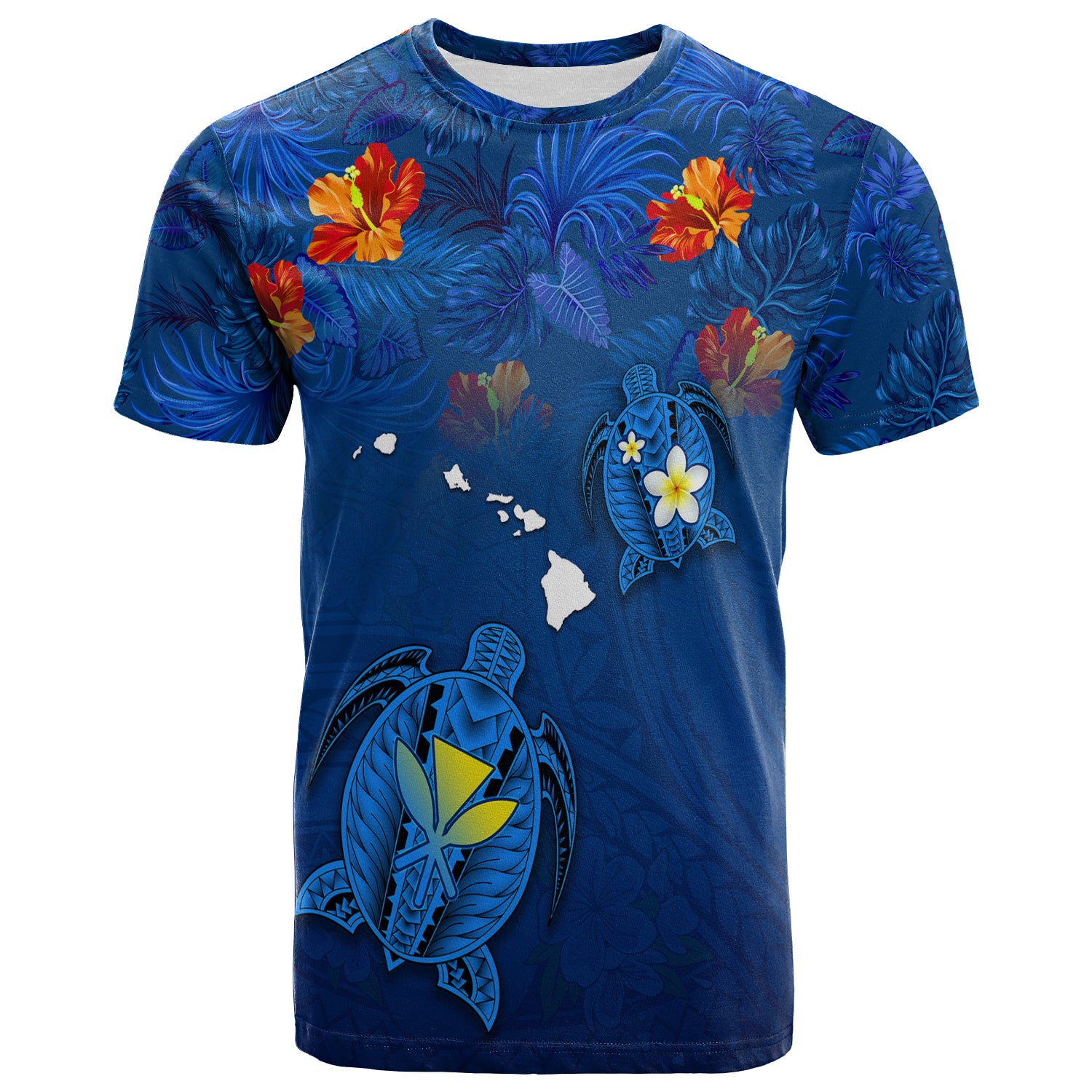 Hawaiian Islands T Shirt Hawaii Tropical Flowers and Turtles Blue LT13 Unisex Blue - Polynesian Pride