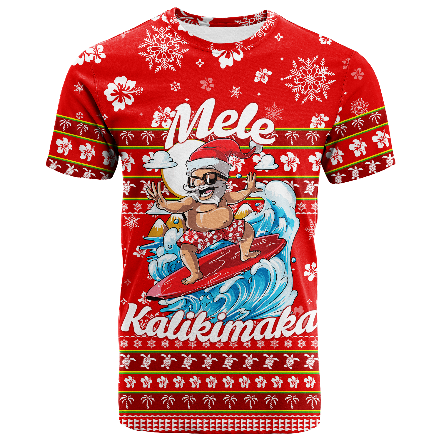 Hawaii Christmas Santas Surf Mele Kalikimaka T Shirt LT2 Adult RED - Polynesian Pride