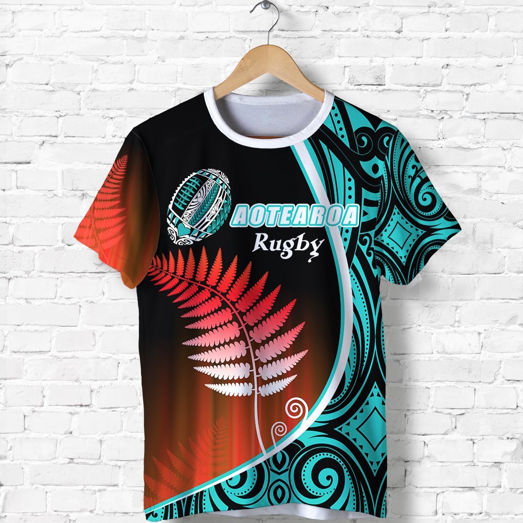 Aotearoa Rugby Black Maori T Shirt Kiwi and Silver Fern New Zealand Blue Unisex Blue - Polynesian Pride