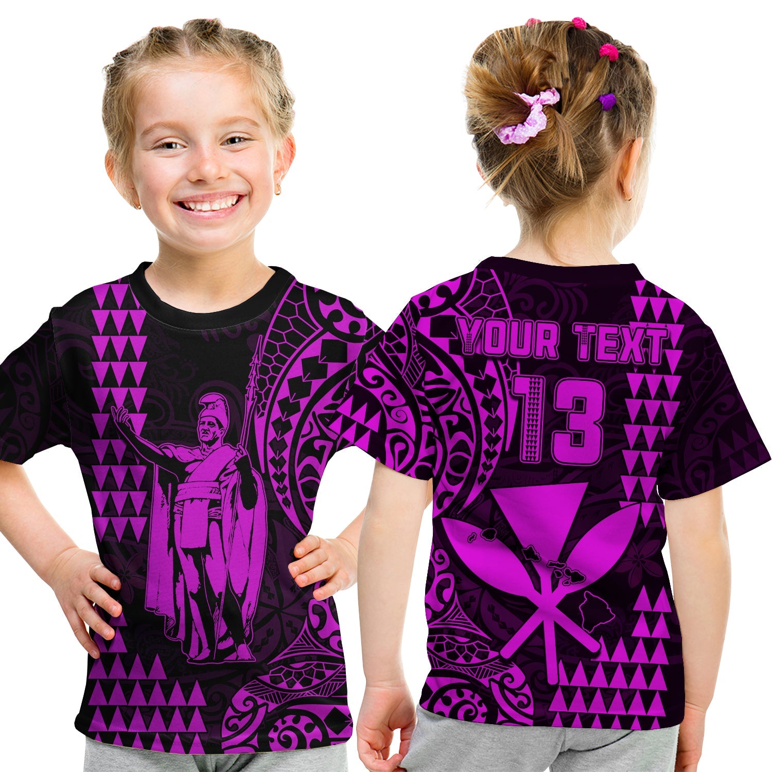 (Custom Text and Number) Hawaii Day Kakau T Shirt KID Proud To Be Hawaiian Purple King Kamehameha and Kanaka Maoli LT13 - Polynesian Pride