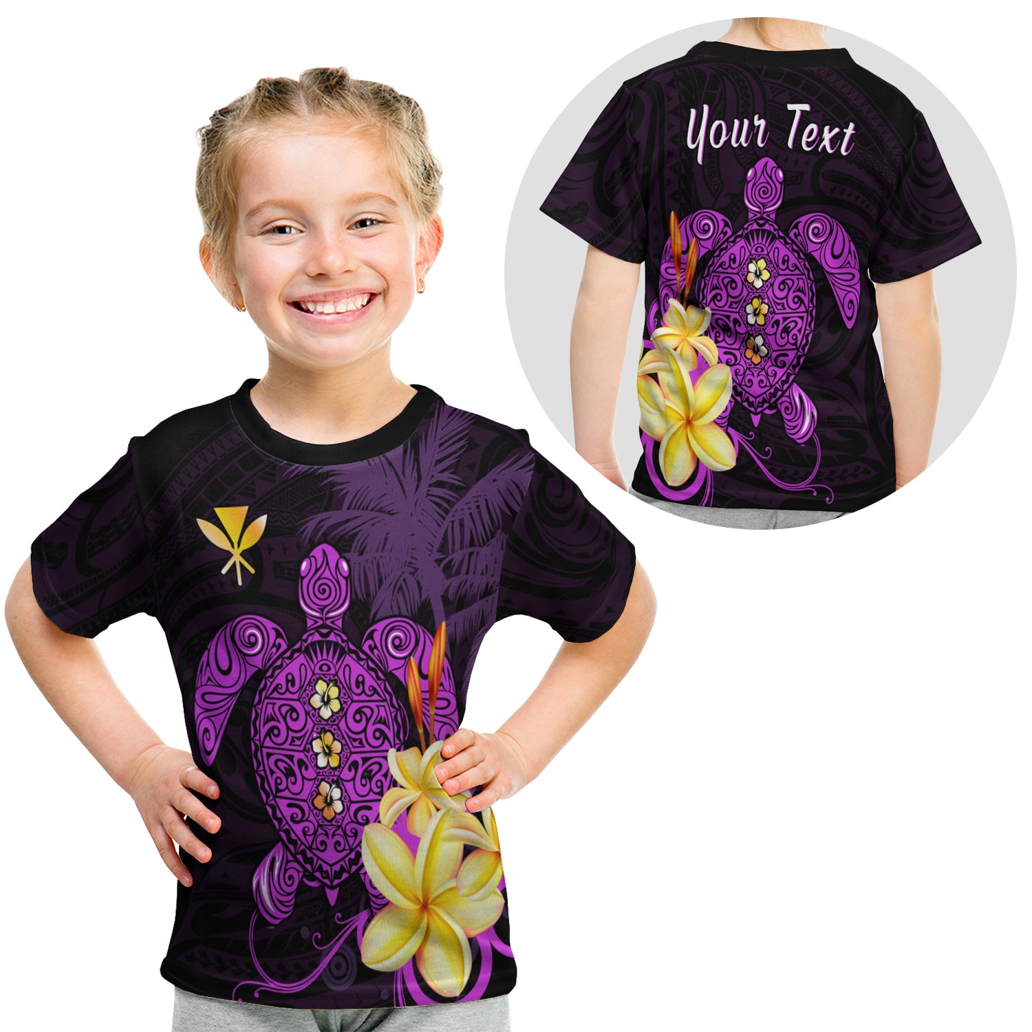 (Custom Personalised) Hawaii Turtle T Shirt Kid Hawaiian Flowers Version Purple Elegant LT13 - Polynesian Pride