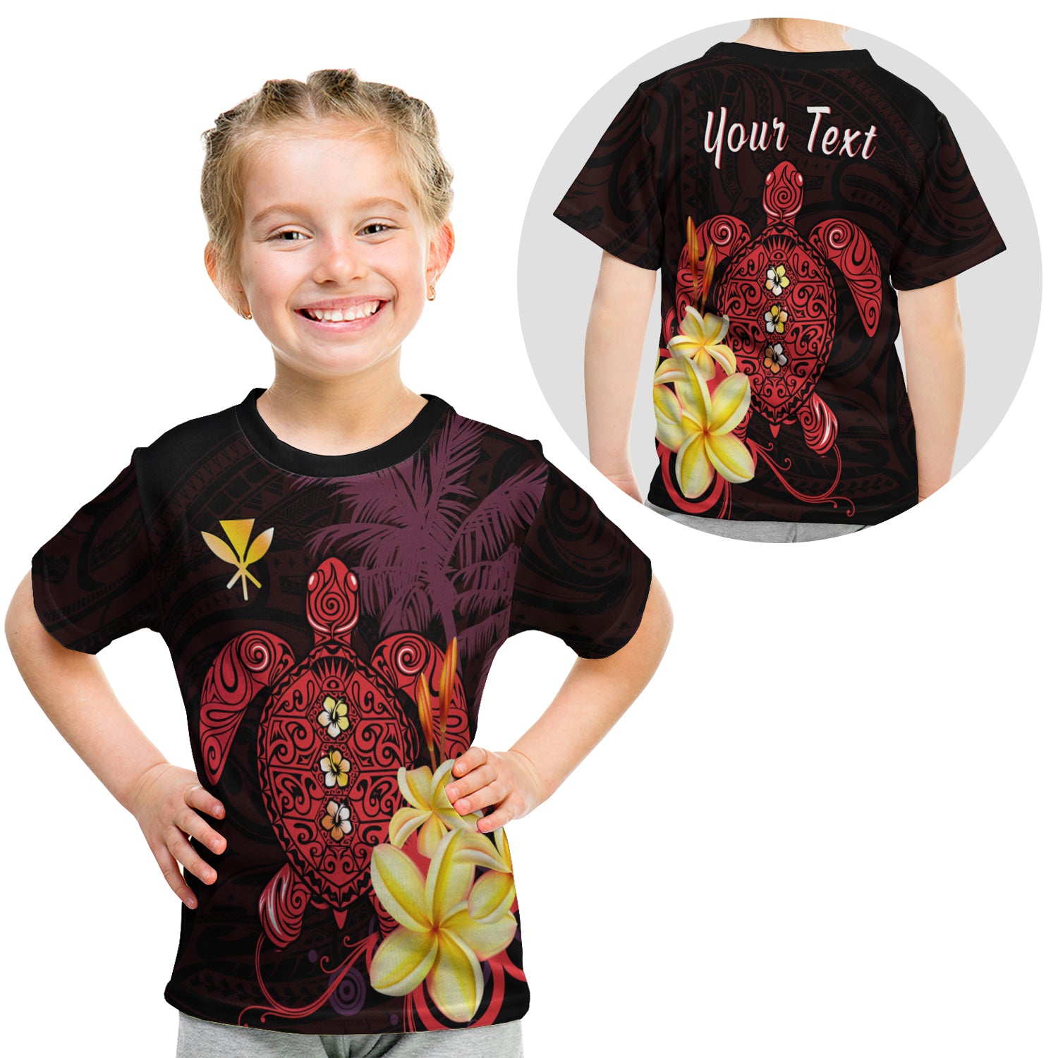 (Custom Personalised) Hawaii Turtle T Shirt Kid Hawaiian Flowers Version Red Elegant LT13 - Polynesian Pride