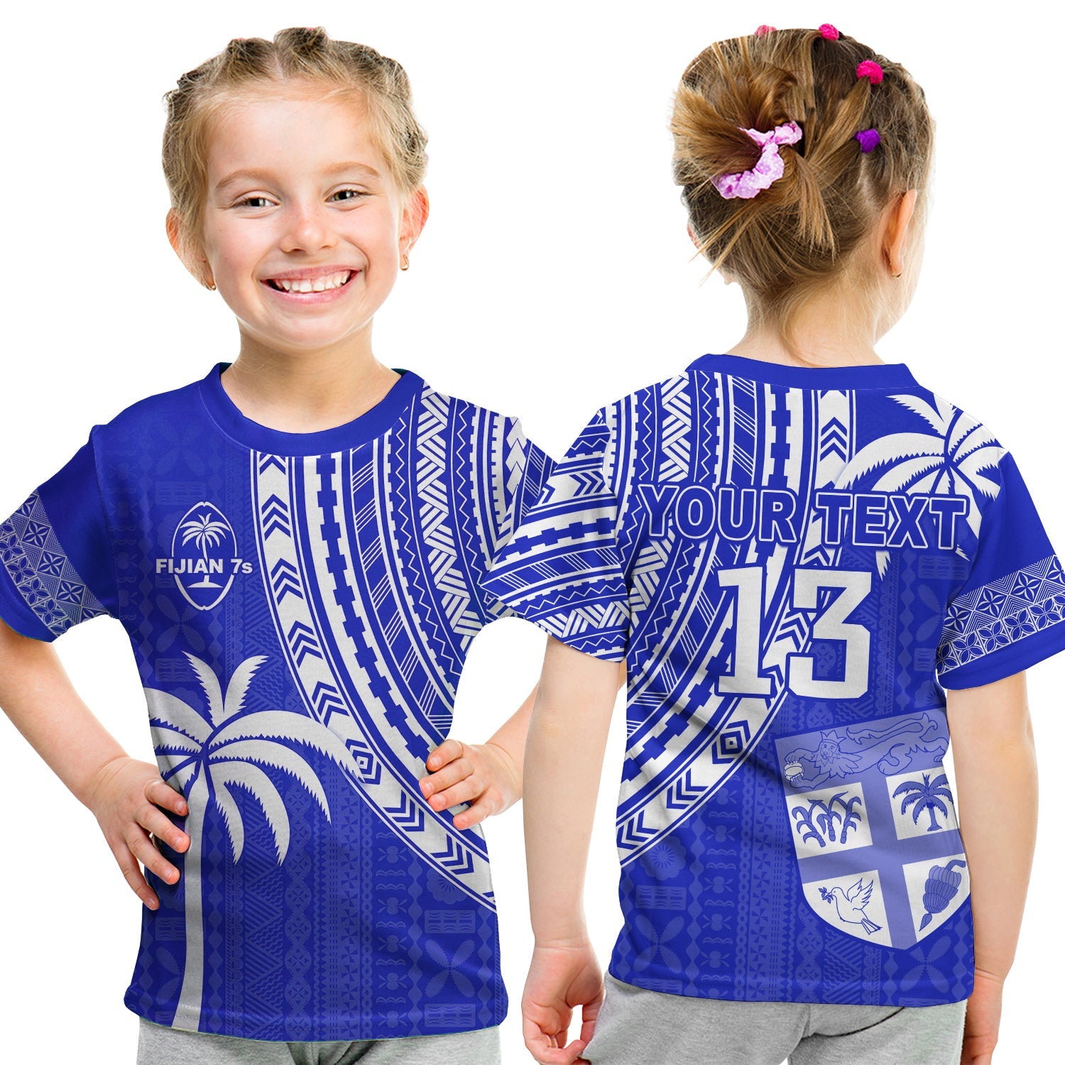 (Custom Text and Number) Fiji Rugby Sevens T Shirt KID Fijian 7s Tapa Polynesian Blue Ver.02 LT13 - Polynesian Pride