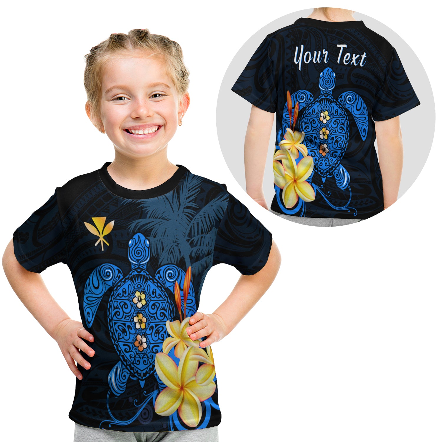 (Custom Personalised) Hawaii Turtle T Shirt Kid Hawaiian Flowers Version Blue Elegant LT13 - Polynesian Pride