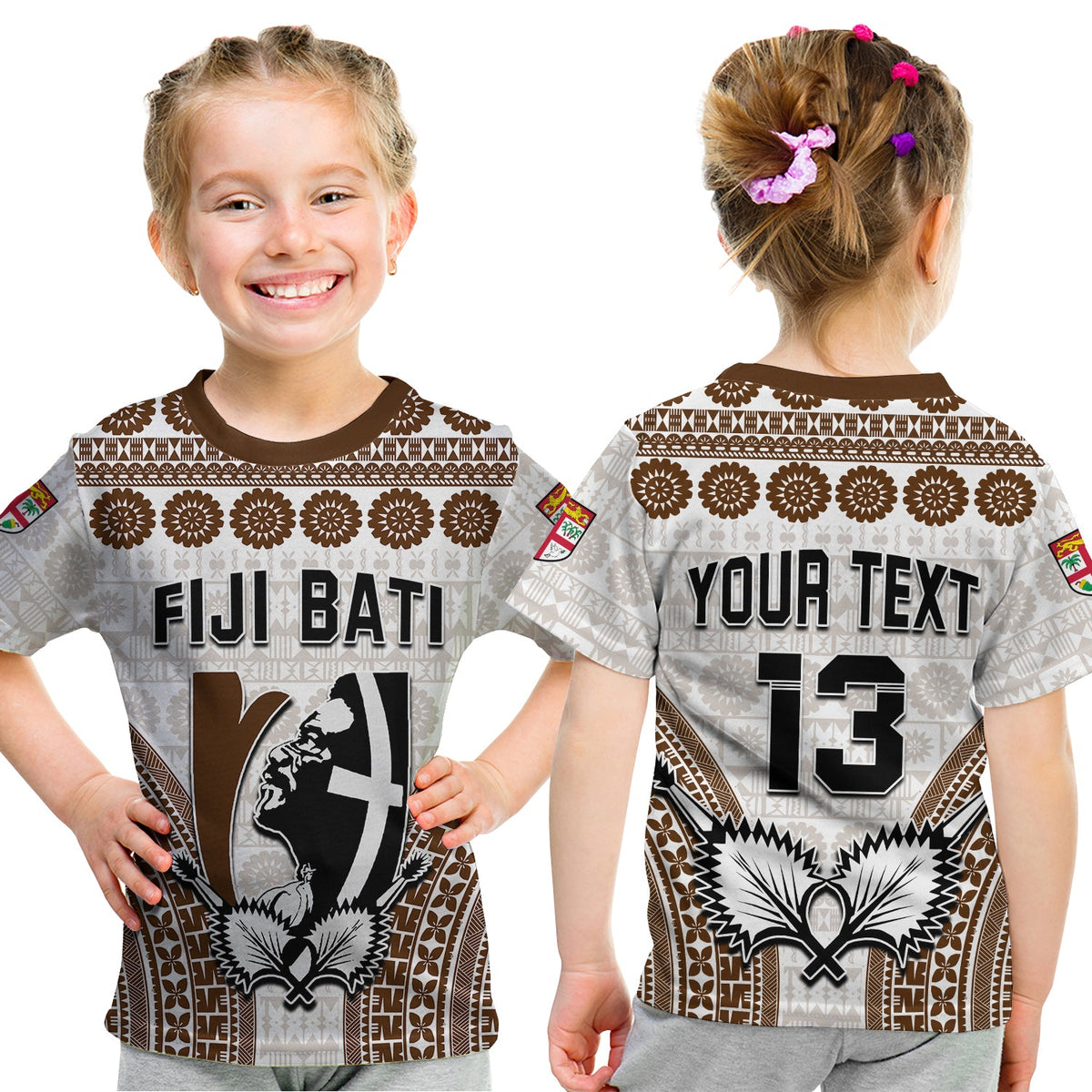 Custom Text and Number Fiji Rugby Bati T Shirt KID Proud Tapa Pattern LT13 Youth XL Size14 - Polynesian Pride