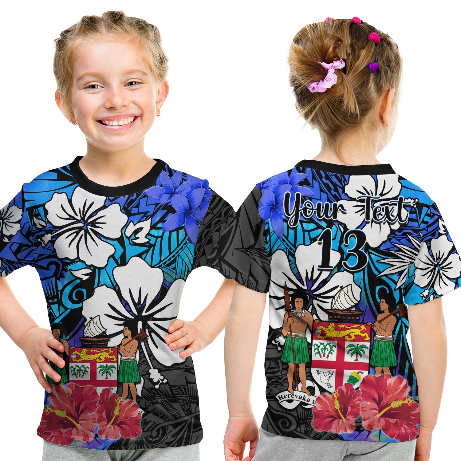 (Custom Text and Number) Fiji Tie Dye T Shirt KID Polynesian Blue Tribal Creative Tropical Flowers LT13 - Polynesian Pride