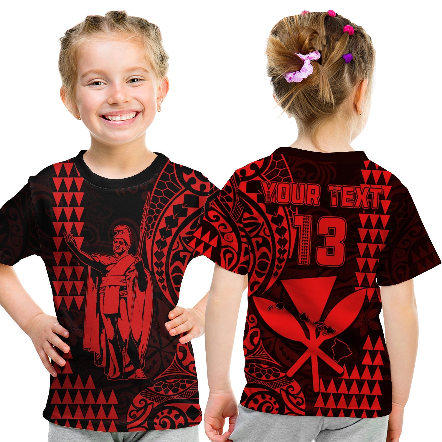 (Custom Text and Number) Hawaii Day Kakau T Shirt KID Proud To Be Hawaiian Red King Kamehameha and Kanaka Maoli LT13 - Polynesian Pride