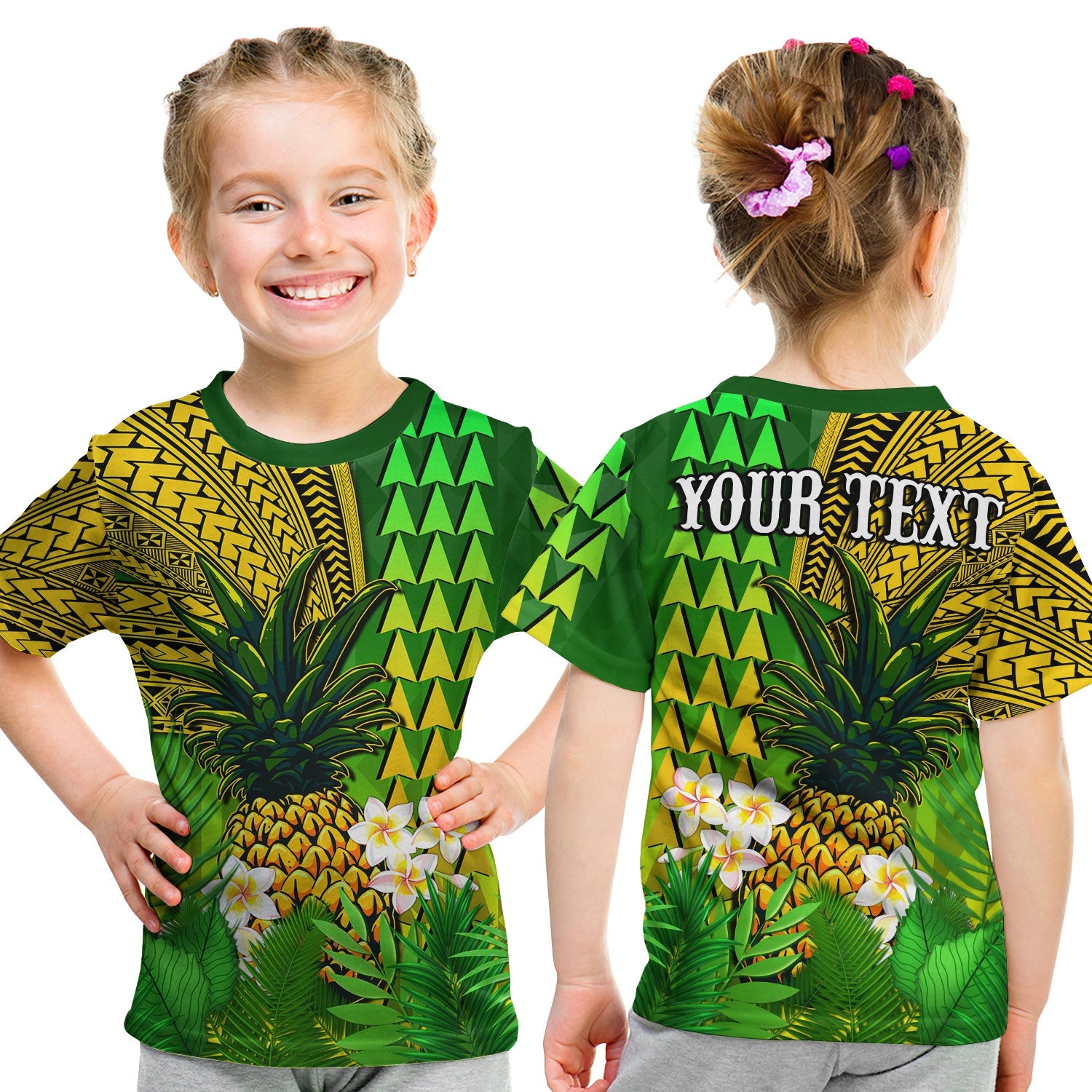 (Custom Personalised) Hawaii Pineapple T Shirt KID Plumeria Frangipani Mix Tribal Pattern LT13 - Polynesian Pride