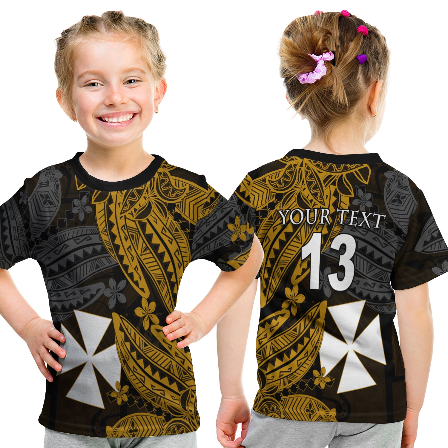 (Custom Text And Number) Wallis And Futuna T Shirt Kid Enjoy Polynesian Flowers Version Gold LT13 - Polynesian Pride