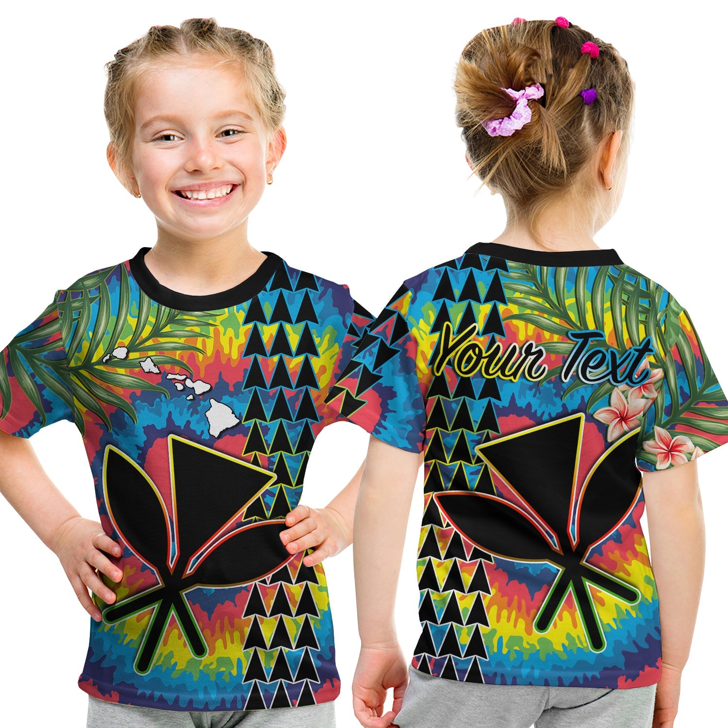 (Custom Personalised) Hawaii Rainbow Tie Dye T Shirt KID Flowers Polynesian Hawaiian Tribal LT13 - Polynesian Pride