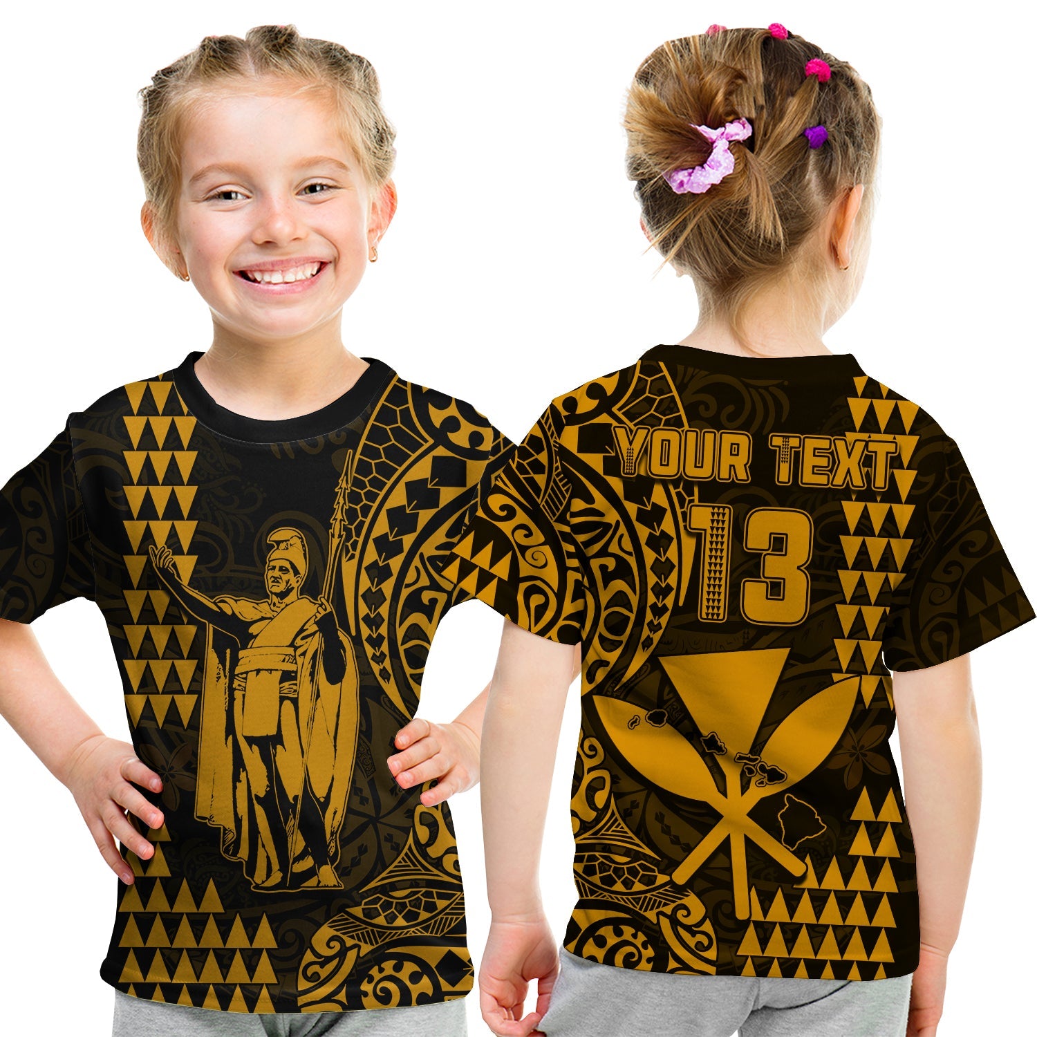 (Custom Text and Number) Hawaii Day Kakau T Shirt KID Proud To Be Hawaiian Gold King Kamehameha and Kanaka Maoli LT13 - Polynesian Pride