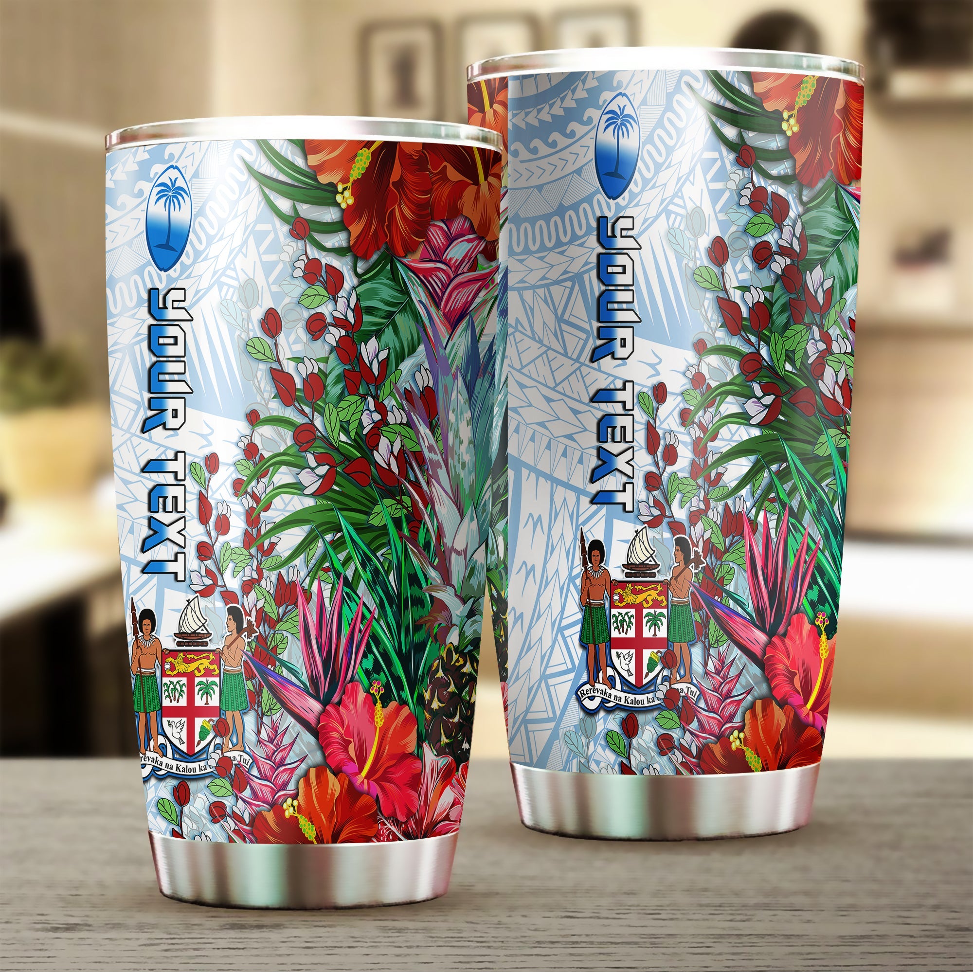 (Custom Personalised) Fiji Tumbler Proud Fijian Tapa mix Tagimoucia Flowers LT13 White - Polynesian Pride