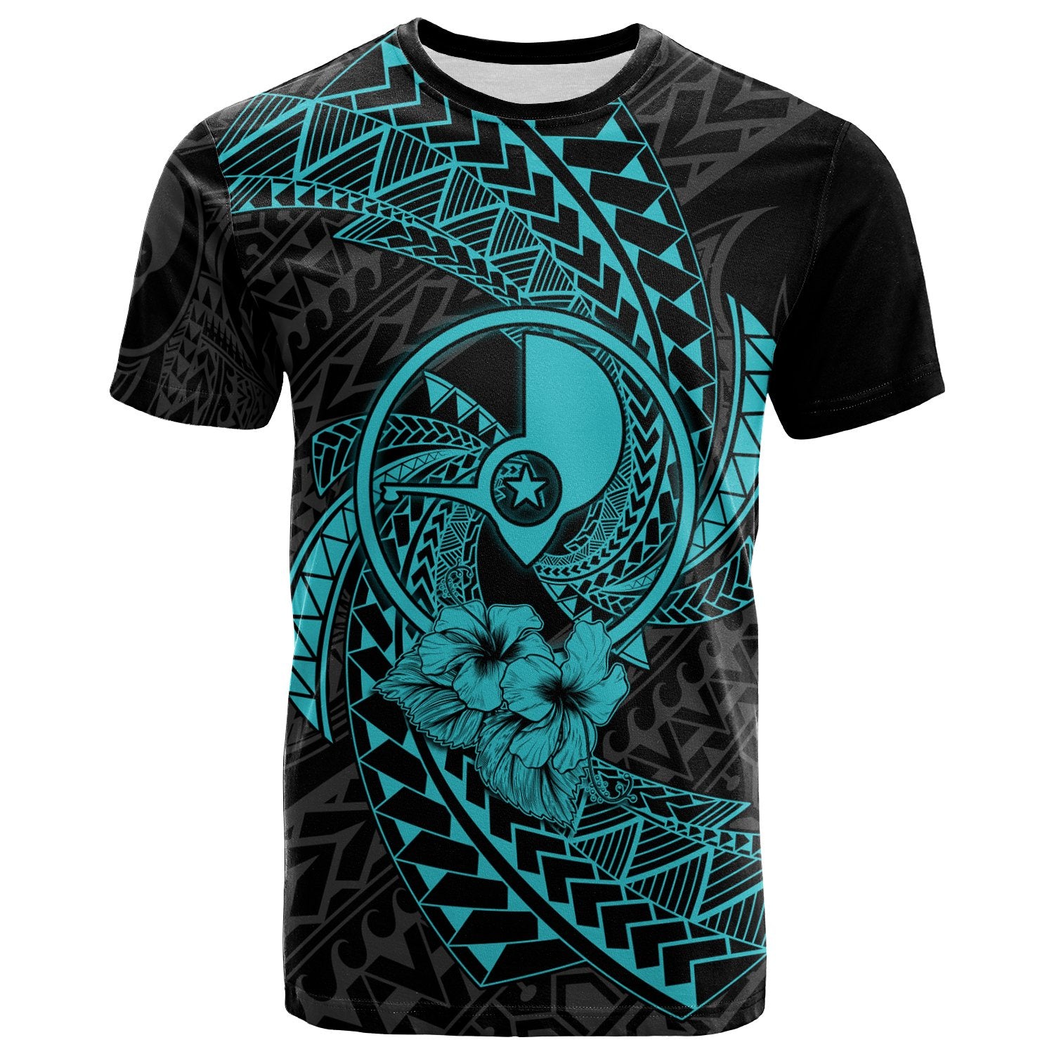 Yap Micronesian T Shirt Turquoise Spiral Pattern Hibiscus Unisex TURQUOISE - Polynesian Pride