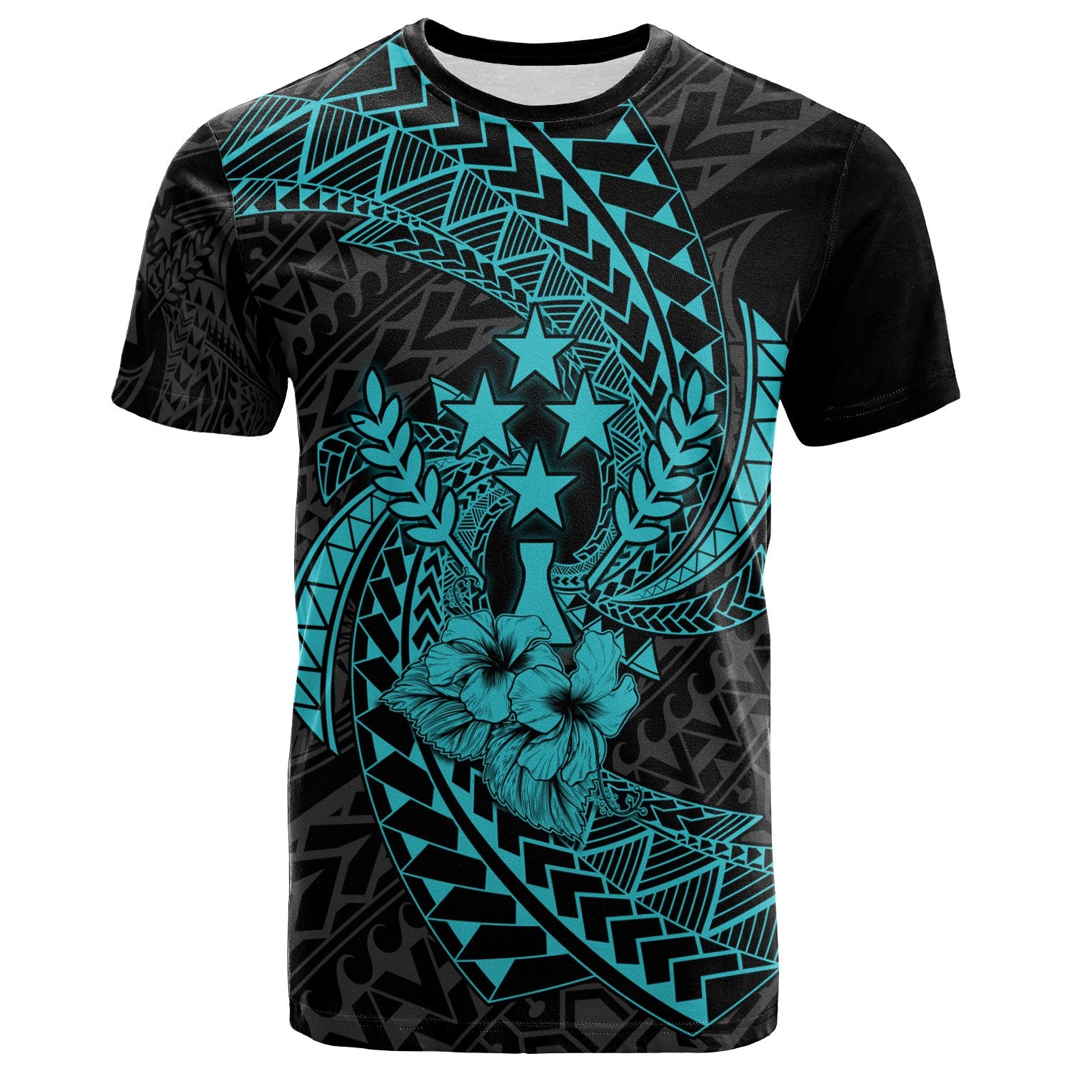 Kosrae Micronesian T Shirt Turquoise Spiral Pattern Hibiscus Unisex TURQUOISE - Polynesian Pride