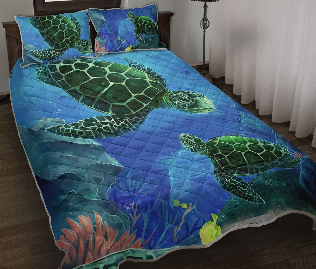 Hawaii Turtle Coral Quilt Bed Set - L.O.V.E - AH Blue - Polynesian Pride